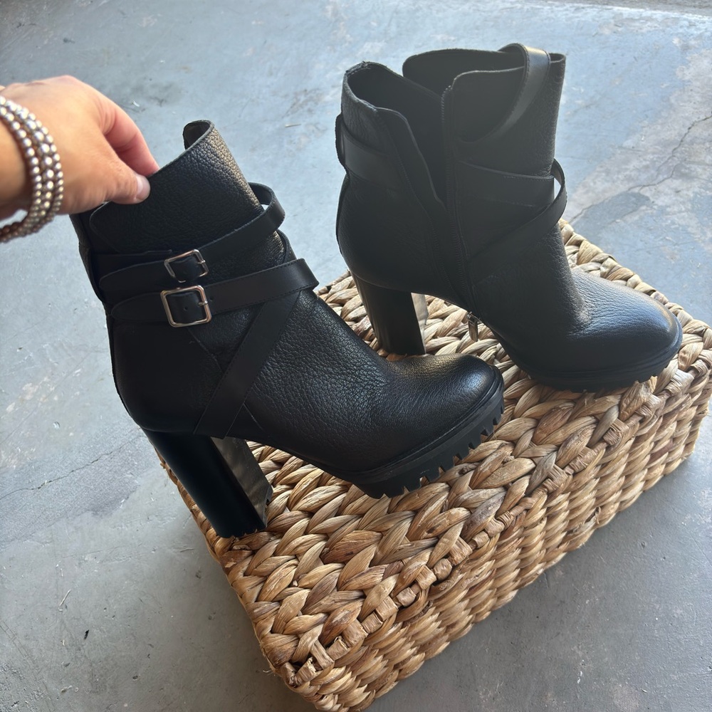 Vince Camuto Black Heeled Boots with Buckle Detail